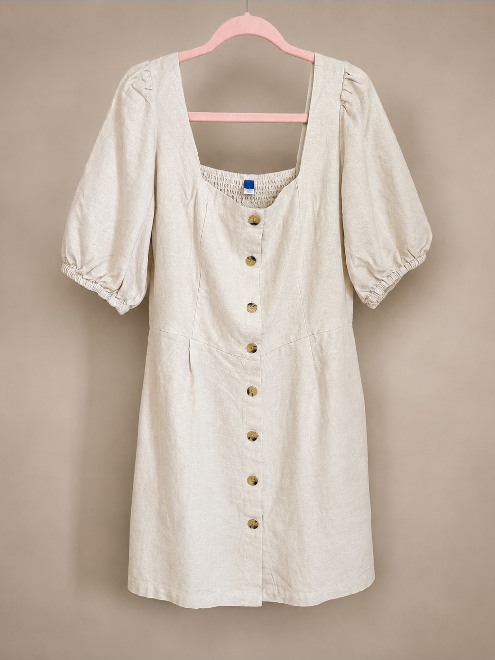 Neutral Linen Look Button-Front Square Neck Dress with Pockets